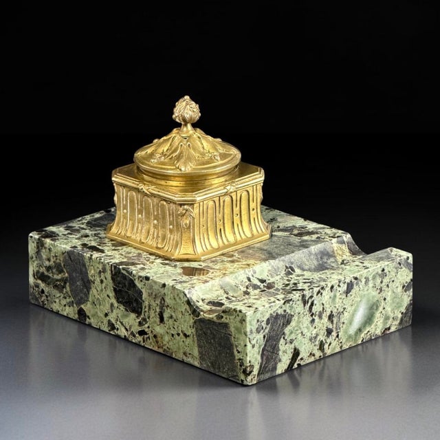 Art Nouveau French Gilt Bronze and Marble Inkwell by Louchet, Paris, 1900 For Sale - Image 13 of 13