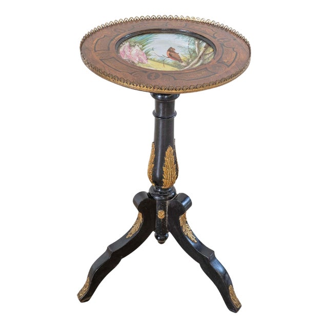 19th Century Napoleon III Pedestal Table with Marquetry and Painted Earthenware Basin, France For Sale