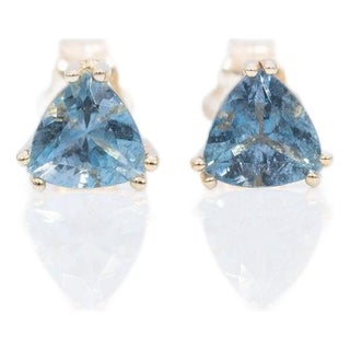 Aquamarine Stud Earrings, 14k Solid Gold, 5mm Trillion Cut March Birthstone, Pair For Sale
