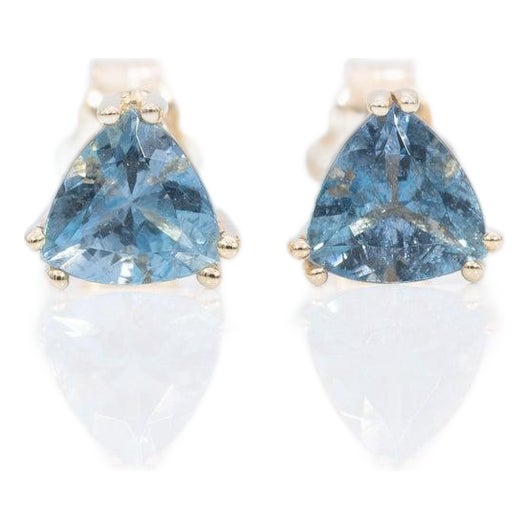 Aquamarine Stud Earrings, 14k Solid Gold, 5mm Trillion Cut March Birthstone, Pair For Sale