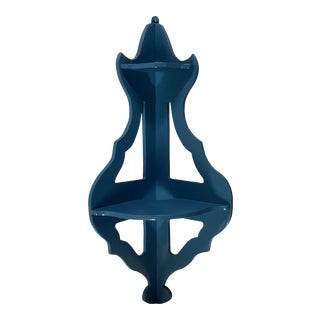 Mid-Century Americana Folk Art Cerulean Blue Lacquered Corner Shelf, 2 Shelves For Sale