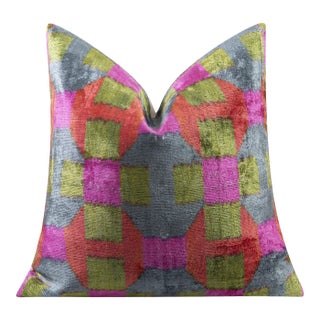 Handmade Velvet Throw Pillow - 16x16 Inches, Naturally Vegetable-Dyed, Premium Down Feather Insert - Multicolor Geometric Checkered Design For Sale