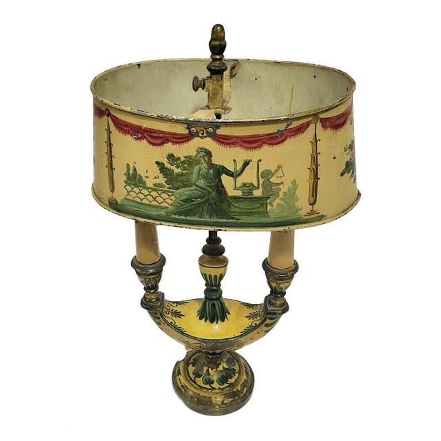 French Bouillotte Painted Tole Lamp 19th Century French Bouillotte Painted Tôle Lamp This antique lamp is of French...