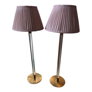 Pair of Visual Comfort Aerin Riga Buffet Lamps With Fermoie Pink Figured Lampshades For Sale