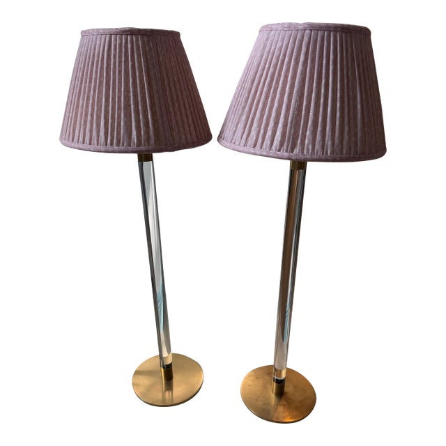 Pair of Visual Comfort Aerin Riga Buffet Lamps With Fermoie Pink Figured Lampshades For Sale