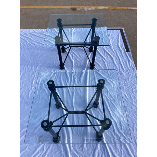 Dark Green 1980s Modern Wrought Iron Rectangular Base Beveled Glass Top Side Tables - a Pair For Sale - Image 8 of 13