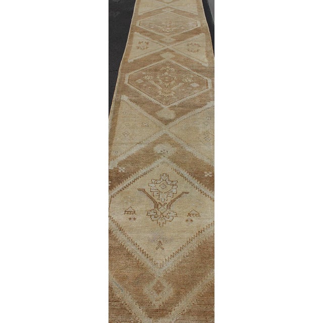 Vintage Turkish Oushak Runner Neutral and Warm Colors With Tribal Medallions For Sale - Image 10 of 13