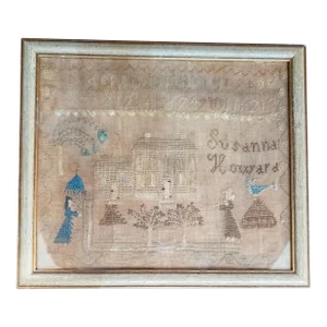 19th Century American Folk Art Schoolgirl Needlework Sampler With House