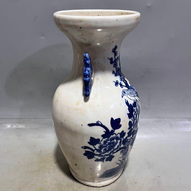 Blue and White Floral Bird Vases With Handles | Chinoiserie Decor For Sale - Image 4 of 9