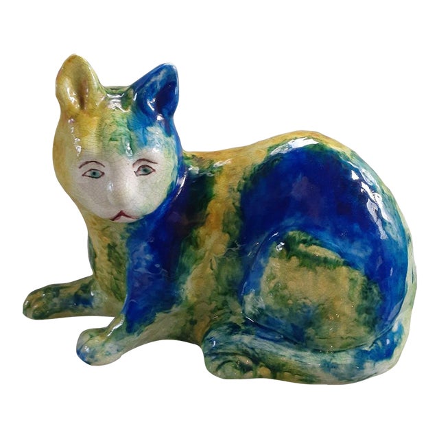 Mid-Century Italian Majolica Cat Sculpture in Blue & Green Glaze For Sale