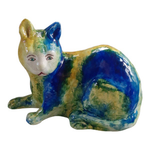Mid-Century Italian Majolica Cat Sculpture in Blue & Green Glaze