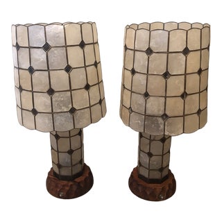 Vintage 1960s Capiz Shell Lamps With Carved Wood Base - a Pair For Sale