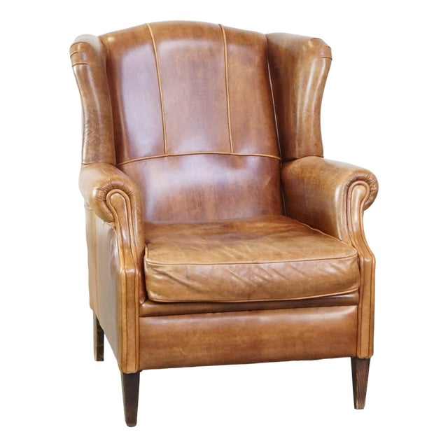 English Brown Leather Wing Chair For Sale