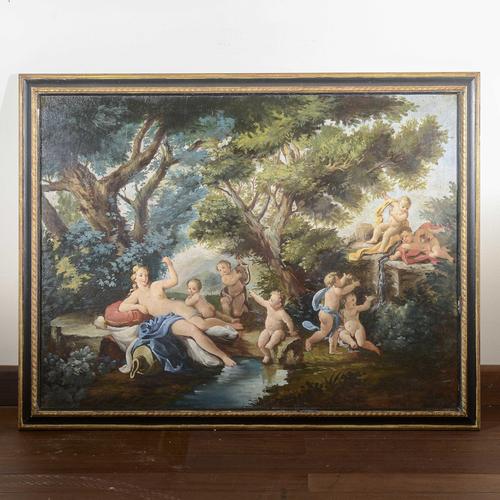 This imposing antique oil painting, executed in oil on canvas in the first half of the twentieth century, depicts a...