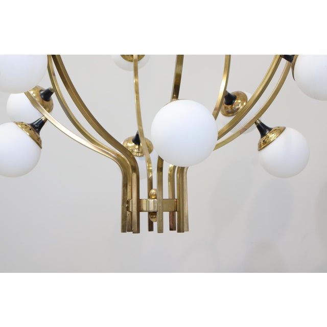 Large 20-Light Chandelier in Brass and Opal Spheres in the style of Stilnovo, 1988 For Sale - Image 10 of 13