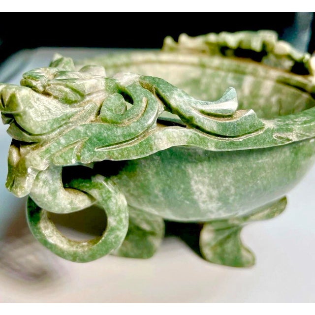 Spinach Jade incense burner, marriage bowl. Diametrically opposed and also joined dragons. Symbolic of marriage and the...