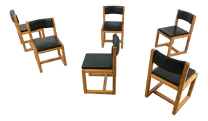 Oak and Leather Dining Chairs, 1970s, Set of 6
