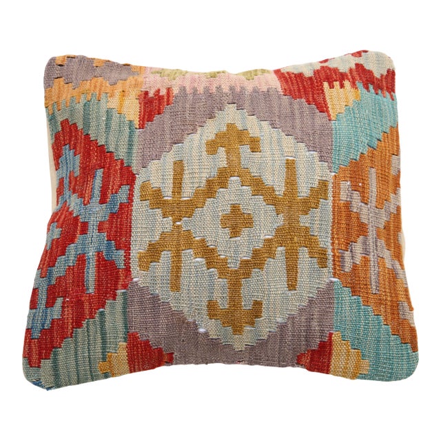 Arteverk Handwoven Afghan Kilim Pillow — Red & Orange Diamond Medallion For Sale