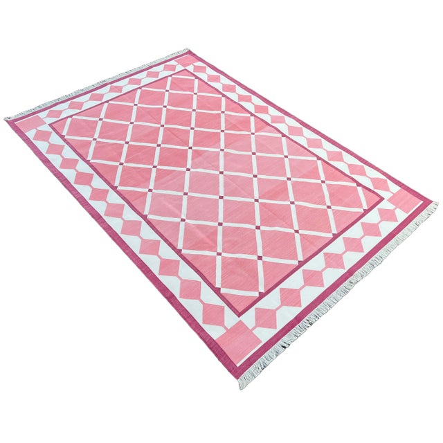 Handmade Cotton Natural Vegetable Dyed Reversible Pink and White Checked Tile Rug - 8'x10' For Sale - Image 11 of 11