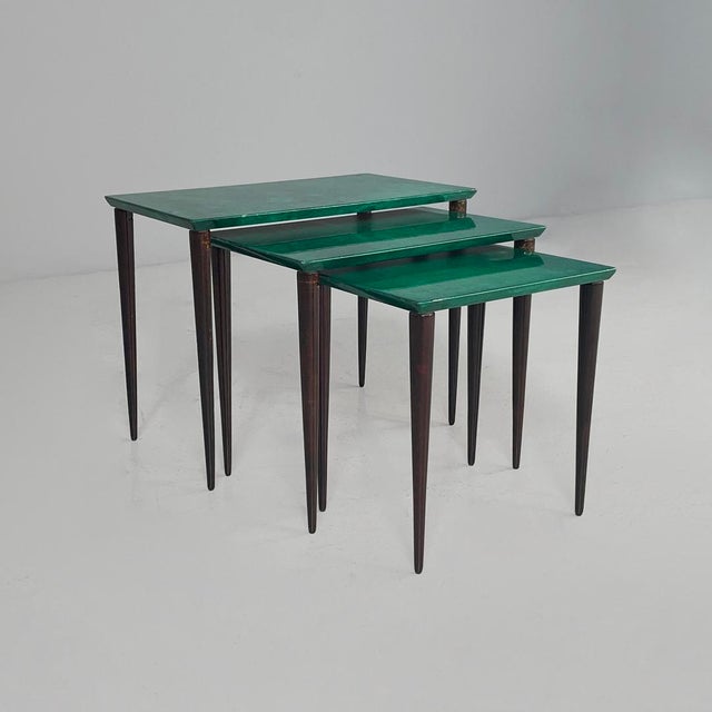 Mid-Century Modern Italian Tables in Wood and Parchment, 1960s, Set of 3 For Sale - Image 4 of 17