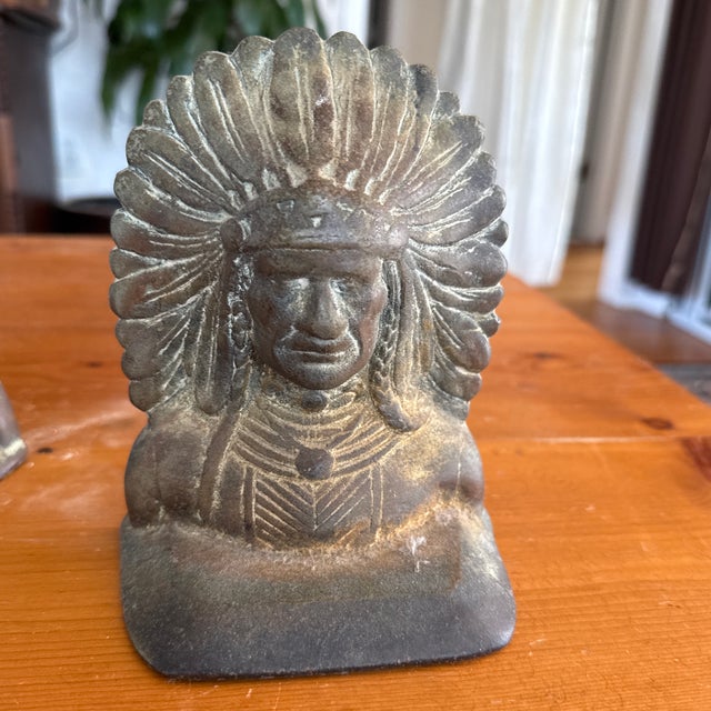 Bronze Mid 20th Century Indian Head Cast Iron Bookends For Sale - Image 8 of 12