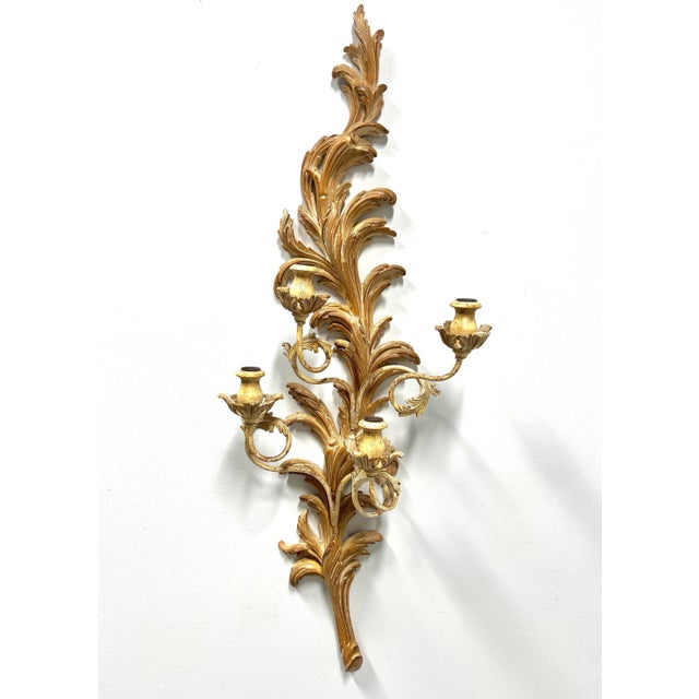 Marbro Lamp 1980's Large Whitewashed Wood Foliate Carved Candle Sconce For Sale - Image 12 of 12