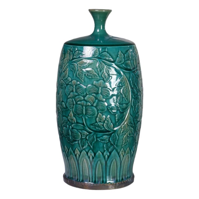 Hand-Painted Carved Teal Lotus & Floral Vase by Pottery 12, Hanoi Studio Art Ceramic For Sale