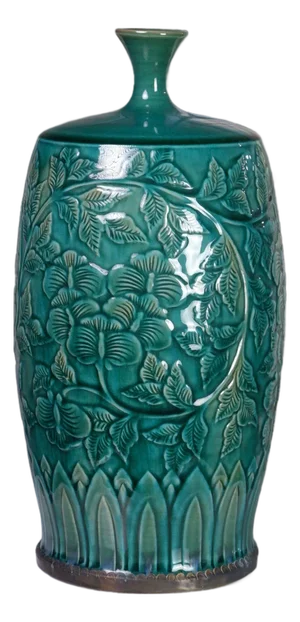 Hand-Painted Carved Teal Lotus & Floral Vase by Pottery 12, Hanoi Studio Art Ceramic