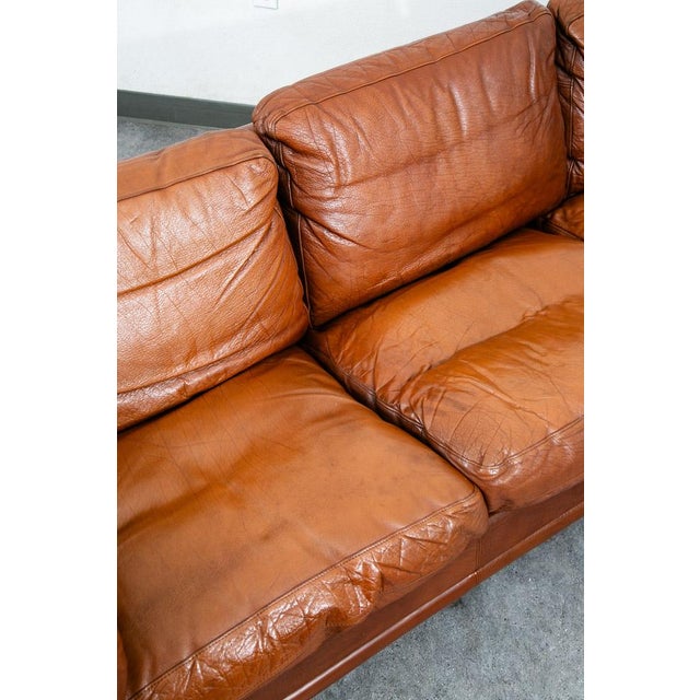 Brown Mid Century Danish Modern Sofa Settee 3 Seater Brown Cognac Leather Denmark MCM For Sale - Image 8 of 12