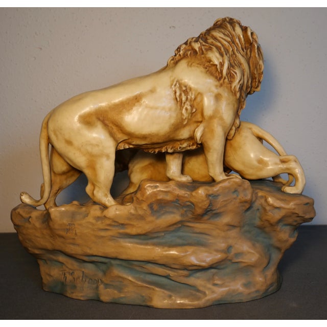 Art Nouveau Circa 1900 Austrian Art Nouveau Theodore Schoop for Bernard Bloch Porcelain Lion and Lioness on Rock Figural Group Sculpture For Sale - Image 3 of 12