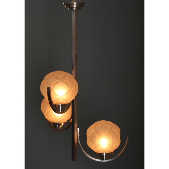 Art Deco Chromed Pendant Lamp with 3 Globes, 1930s For Sale - Image 3 of 10
