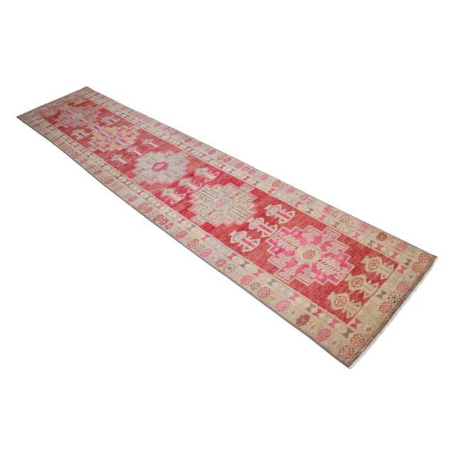 Red Hand-Knotted Turkish Runner Rug, Low Pile Hallway Rug Kitchen Decor - 3′ × 12′3″ For Sale - Image 8 of 18