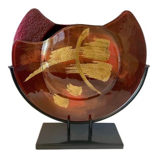 Jasmine Art Glass 15" Fused Glass Crescent Bowl Vase With Metal Stand - Red/Gold For Sale