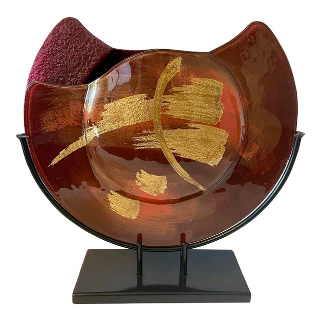 Jasmine Art Glass 15" Fused Glass Crescent Bowl Vase With Metal Stand - Red/Gold For Sale