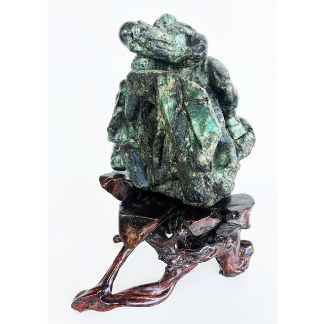 Figurative Asian Carved Figurative Precious Stone Sculpture on Root Stand For Sale - Image 3 of 10