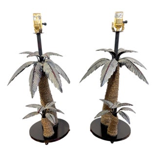 Late 20th Century Pair of British Colonial Style Tole and Rope Double Palm Tree Lamps For Sale