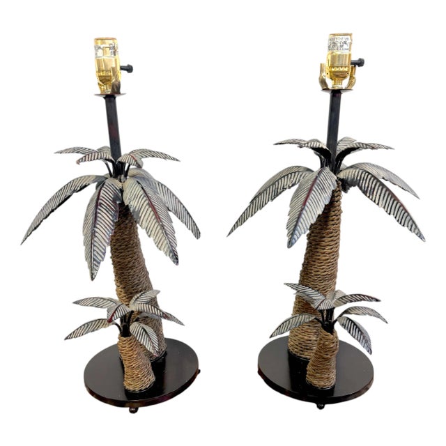 Late 20th Century Pair of British Colonial Style Tole and Rope Double Palm Tree Lamps For Sale