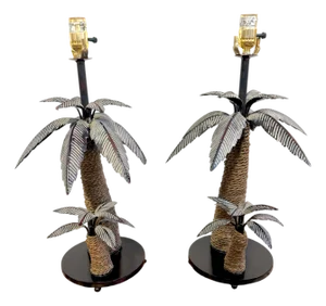 Late 20th Century Pair of British Colonial Style Tole and Rope Double Palm Tree Lamps
