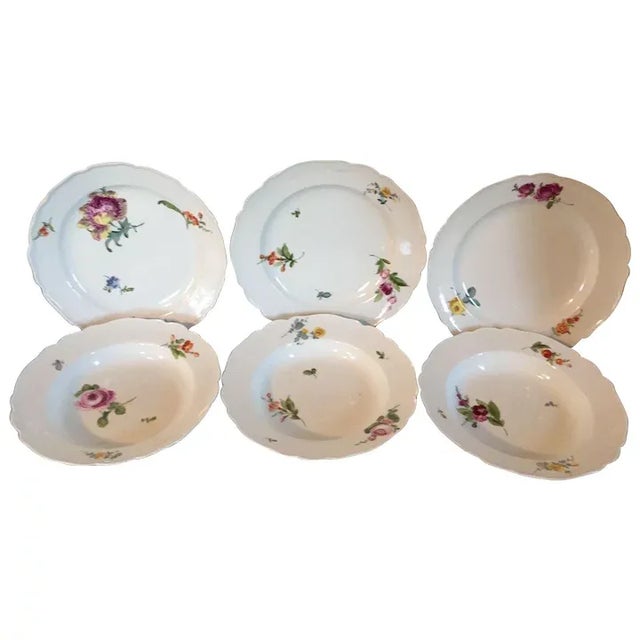 18th Century German Meissen Porcelain Plates & Soup Bowls with Botanical Decoration - Set of 6 For Sale - Image 11 of 11