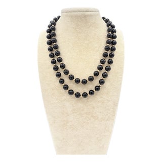 Vintage Opera Length Continuous Strand Onyx Bead Necklace With 14k Gold Spacers For Sale