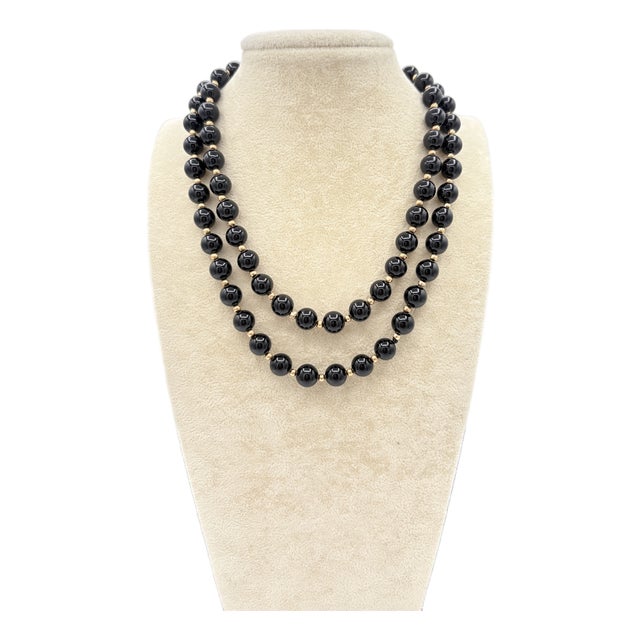 Vintage Opera Length Continuous Strand Onyx Bead Necklace With 14k Gold Spacers For Sale