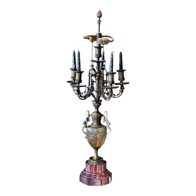 Cast Metal Candelabra Table Lamp With Red Marble Base For Sale