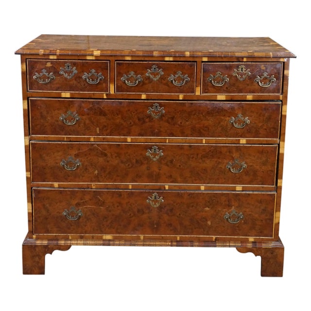 Antique English George II Style Oyster Burl Yew Bachelors Chest Dresser Commode For Sale