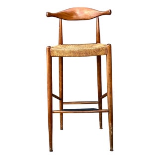 Vintage MCM Wood and Rush Bar Stool For Sale