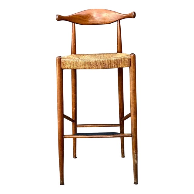 Vintage MCM Wood and Rush Bar Stool For Sale