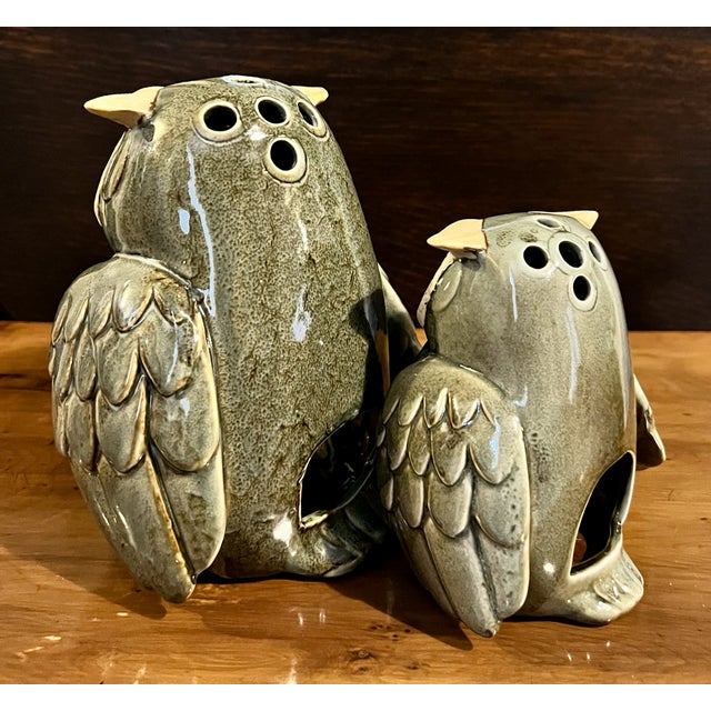 Vintage Japanese Mottled Glazed Stoneware Owl Candle Lanterns, 1970s, Set of 2 For Sale - Image 6 of 11