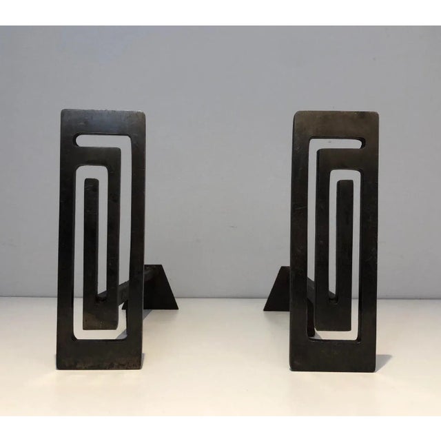 Mid-Century Modern 1970s Steel and Iron Modernist Andirons - A Pair For Sale - Image 3 of 13