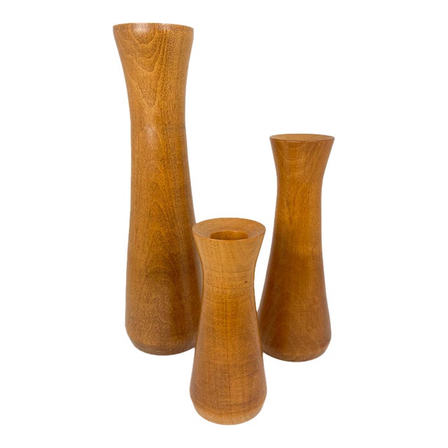 Vintage MCM Set of 3 Turned Wood Tapered Candle Holders For Sale
