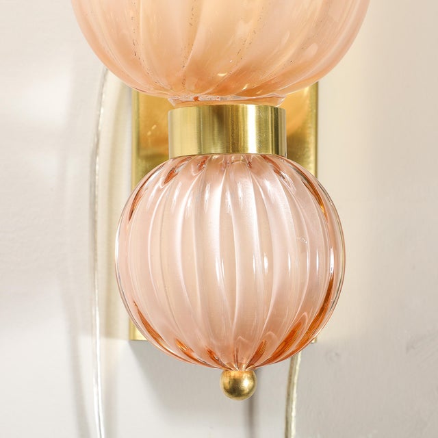 Modernist Hand-Blown Fluted Murano Glass Sconces W/ Orbital Drop in Frosted Rose For Sale In New York - Image 6 of 12