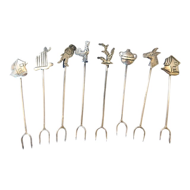 English Sterling Vintage Assorted Home-Themed Appetizer Forks, Set of Eight, MCM For Sale